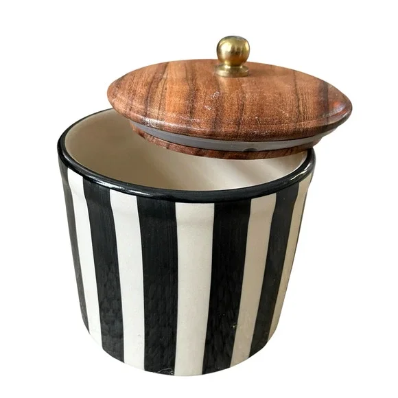 Hand Painted Striped Ceramic Canister w/ Wood Lid Made in India Black Cream NEW - Picture 3 of 15